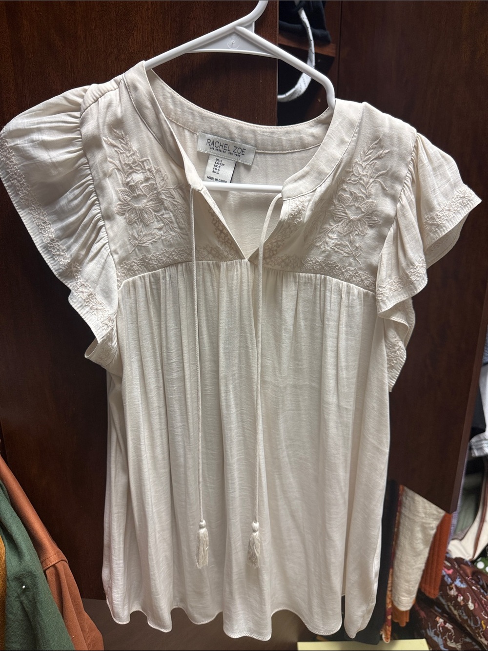 Rachel Zoe Cream Embroidered Tie-Front Ruffle Sleeve Blouse